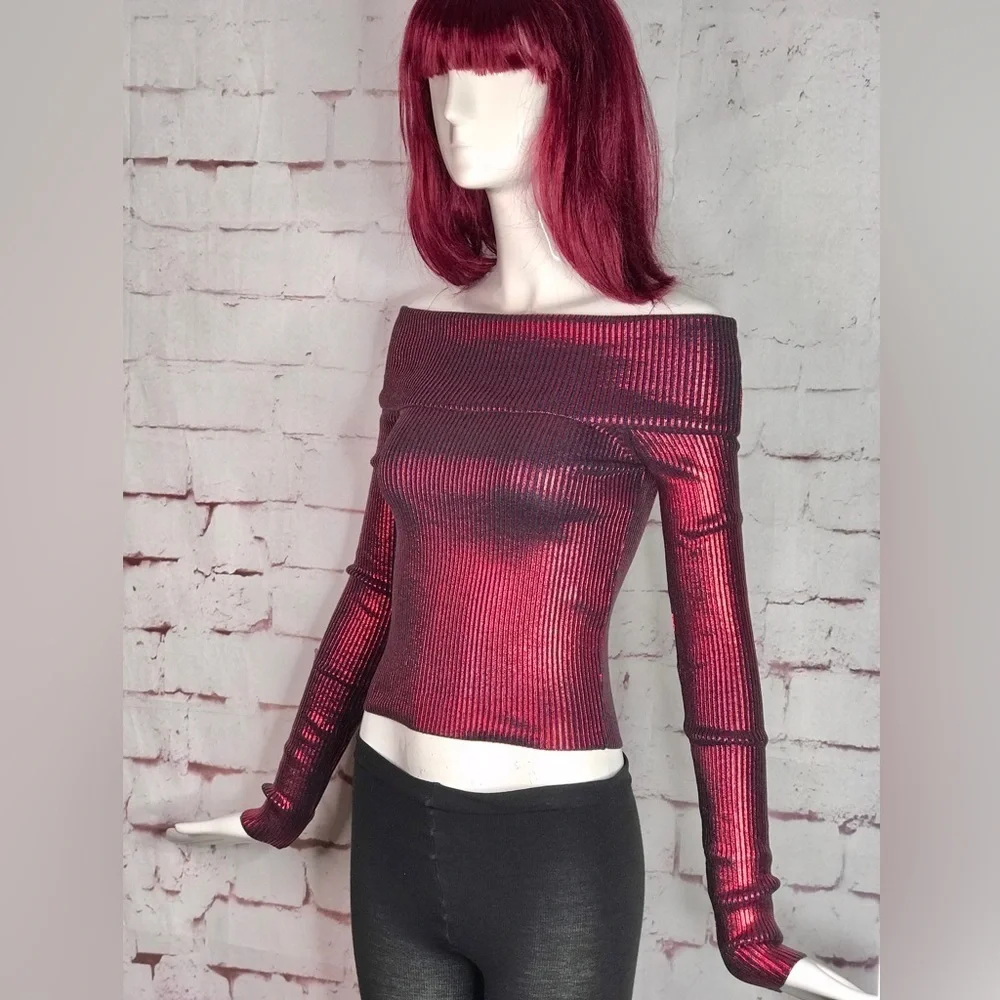 NEW ZARA XS Off the Shoulder Red Metallic Knit Foil Stretch Top NEW WITH TAG - Picture 8 of 15